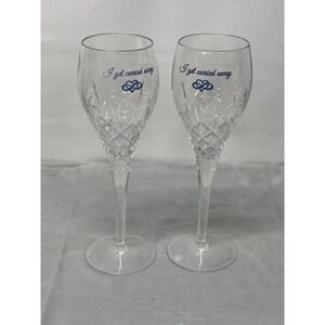 Romantic "I Get Carried Away" vintage Champagne Flutes Glass Clear Blue Set of 2